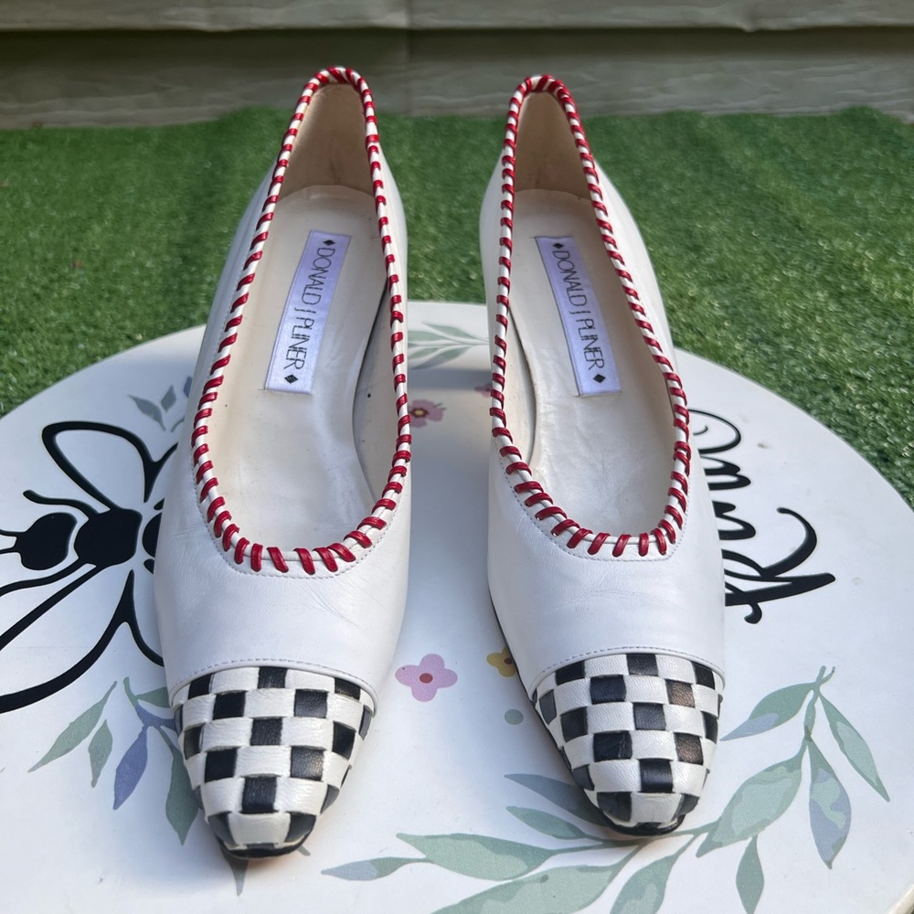 Vintage Donald J. Pliner leather black and white checkered heels made in Spain.